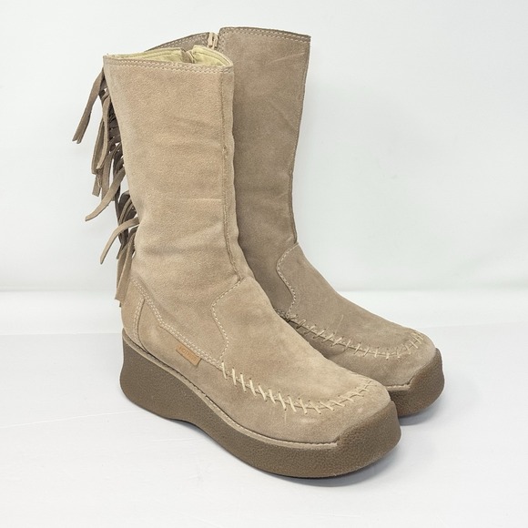 Vintage Y2K Hot Kiss Platform‎ Suede Fringe Tall Boots 10 chunky Moc Stitch Tan - Picture 1 of 14